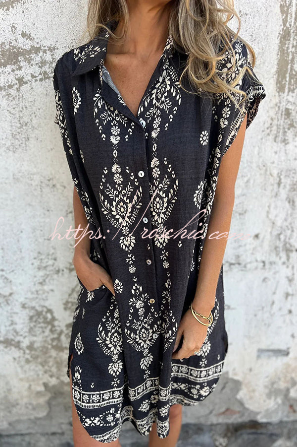 Linen Blend Unique Print Lapel Pocket Mini Dress