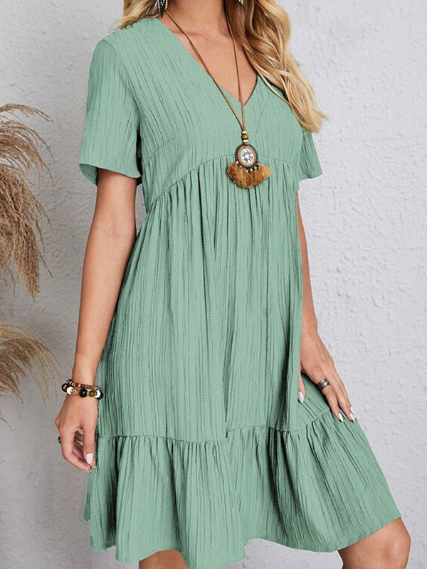 A-line Loose Pleated Color Split-joint V-neck Mini Dresses