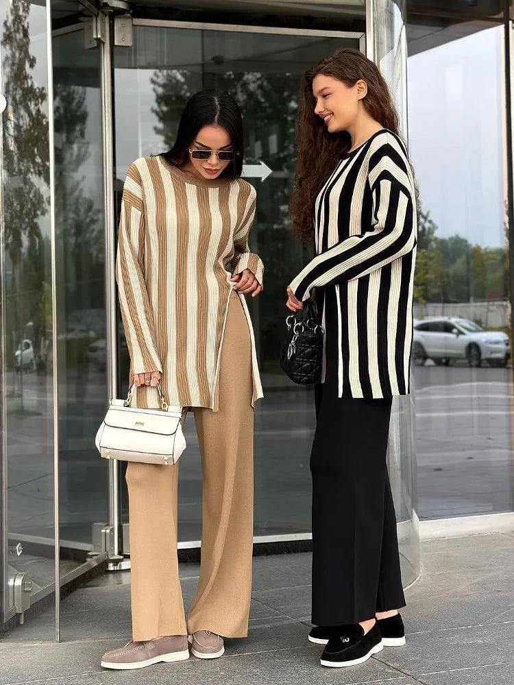 Striped Knitwear 2 Piece-set for Contrast Long Sleeve Split Straight Trousers Outfits ’s Pants Sets