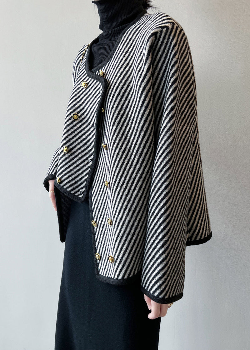 Italian Asymmetrical Striped Double Breast Cotton Coats Fall Af1054