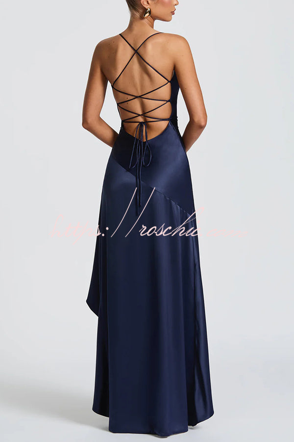 Color Backless Lace-up Irregular Ruffled Maxi Dress
