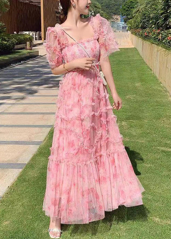 Vogue Black Square Collar Ruffled Print Tulle Long Dress Summer Az1011
