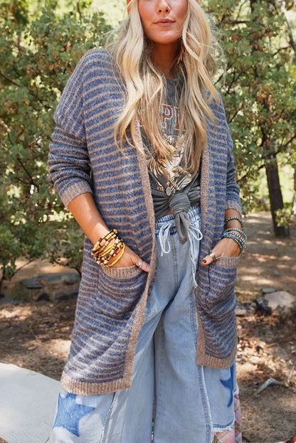 Contrast Striped Loose Long-sleeved Mid-length Knitted Cardigan