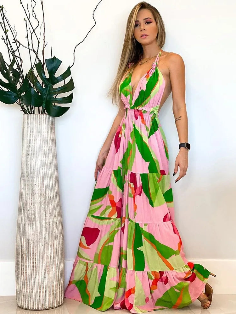 Style Print Halter Neck Dresses V-neck Backless Vacation Beach Long Dress Commuting Clothing Vestidos