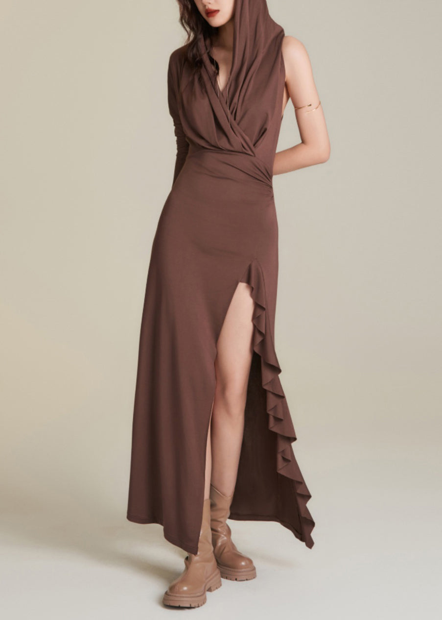 Chocolate Wrinkled Patchwork Holiday Hoode Long Dress Sleeveless Aj1015