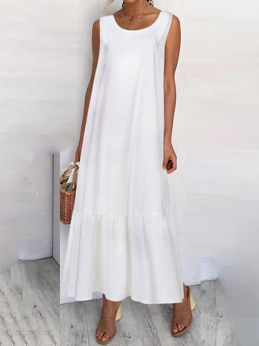 Loose See-through Color Split-joint Round-neck Maxi Dresses