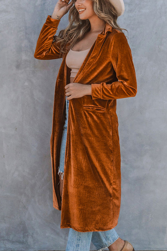 Velvet Lapel Pocket Long Coat