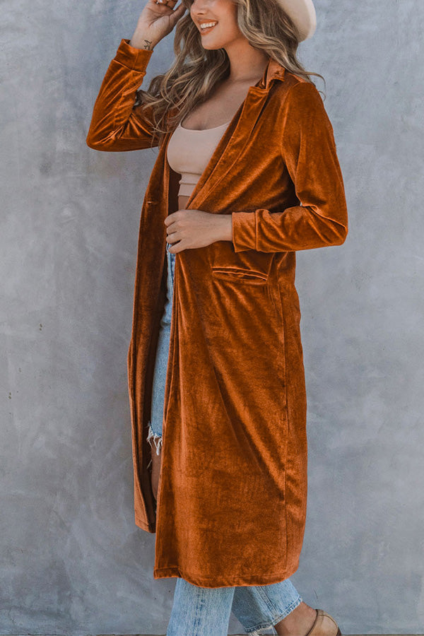 Velvet Lapel Pocket Long Coat