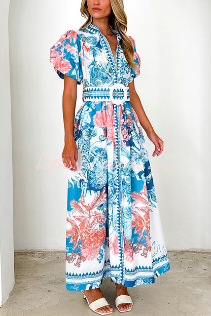 Unique Print Puff Sleeve Button Belt Maxi Dress
