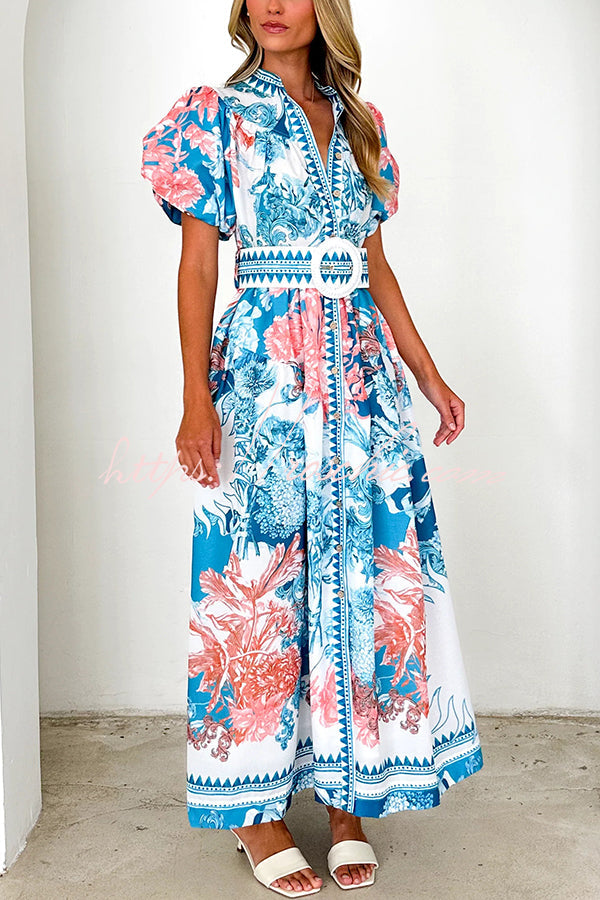 Unique Print Puff Sleeve Button Belt Maxi Dress
