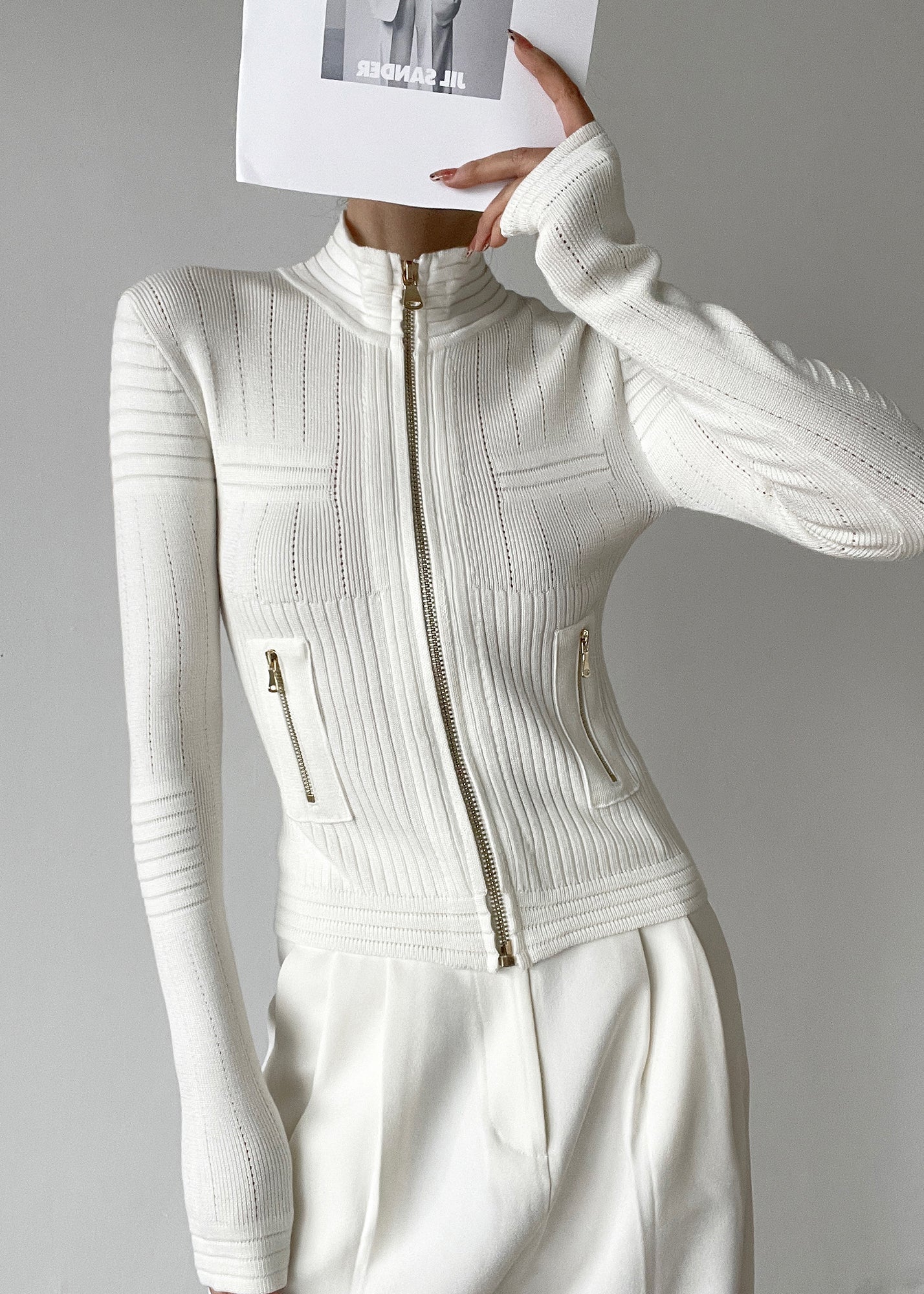 White Stand Collar Zip Up Patchwork Woolen Knit Cardigans Winter Rv036