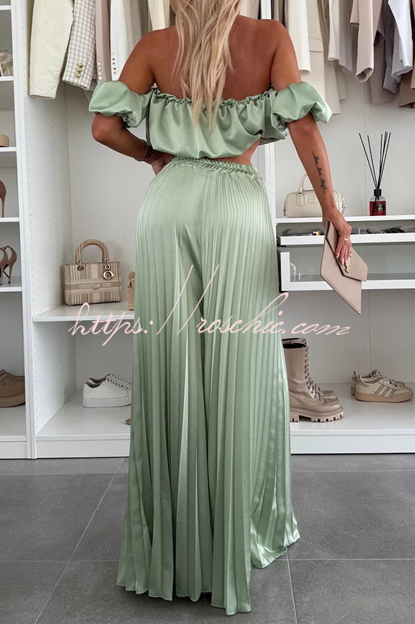 Jorie Satin Off Shoulder Puff Sleeve Crop Top and Elastic Waist Pleated Wide Leg Pants Set