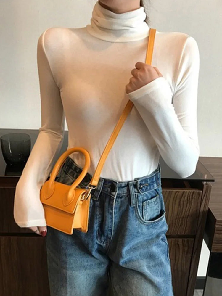 Harajuku Black White Turtleneck Female T-shirts Autumn Long Sleeve T Shirt Slim Basic Tee Top