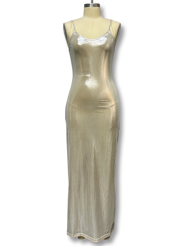 Bodycon High Waisted Shiny Color Spaghetti-neck Maxi Dresses