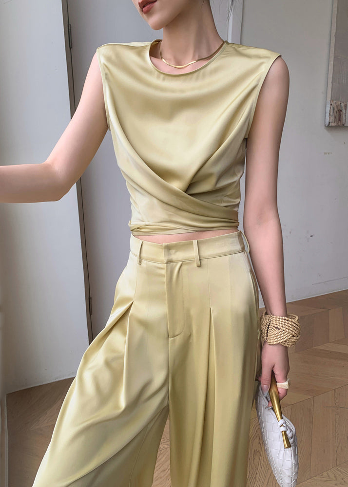 French Yellow O-neck Silk Top and Wide Leg Pants Two Pieces Set Sleeveless An1027
