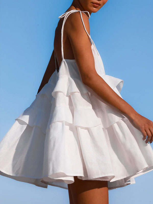 High Waisted Loose Backless Layered Pleated Color Tied Spaghetti-neck Mini Dresses