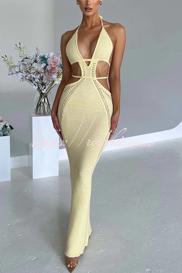 Effortlessly Cool and Knit Crochet Cutout Halter Tie-up Stretch Maxi Dress