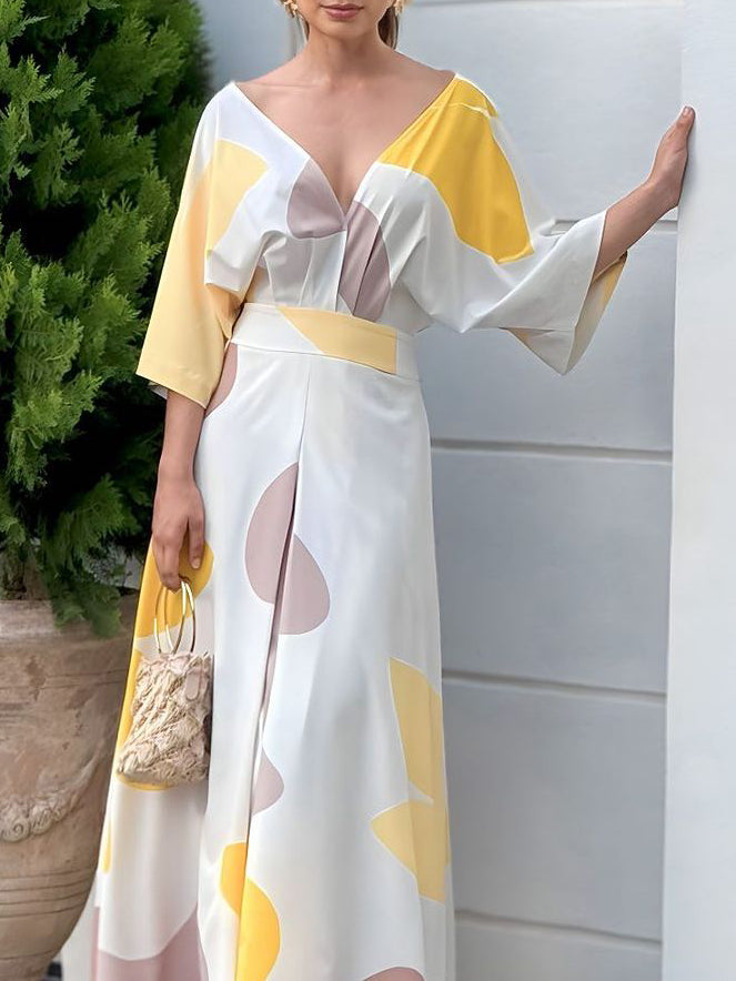 Loose Raglan Sleeve High-waisted Printed Deep V-neck Maxi Dresses