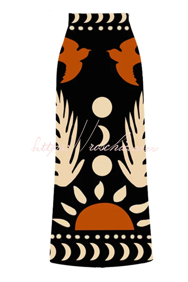 Abstract Art Birds and Sun Print Color Block High Waist Bikini and Skirt
