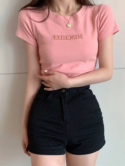 Short Sleeve Top Pure T-shirt Brand Letter Summer Embroidered Clothing Slim Cotton Pure Color Round Neck
