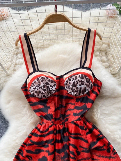 Party Dress Summer Leopard Print Three-dimensional Midi Dresses a Line High Waist Long Robe