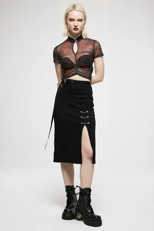 Daily Dark Minimalist Chain-embellished Long Personality Front Side Slit Mid-length Skirt