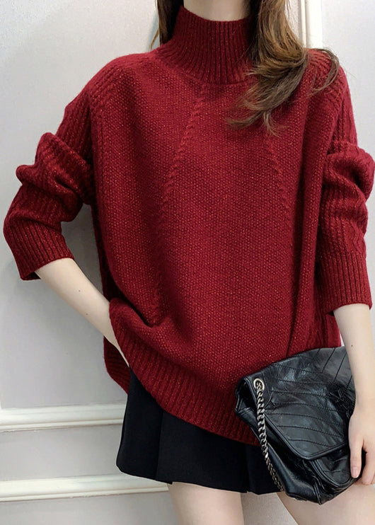 Red Turtleneck Cozy Cotton Knit Sweater Fall Qx033