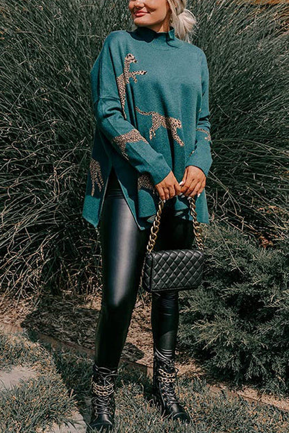High Neck Side Slit Cheetah Pattern Sweater
