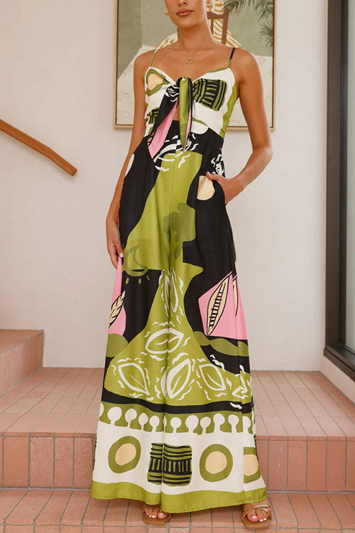 Tie Front Cut Out Wide Leg Printed Cami Jumpsuit