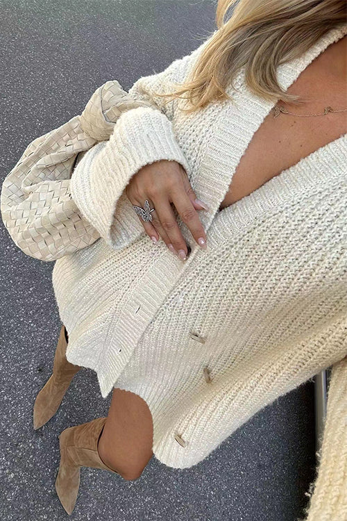 V Neck Button Up Loose Sweater