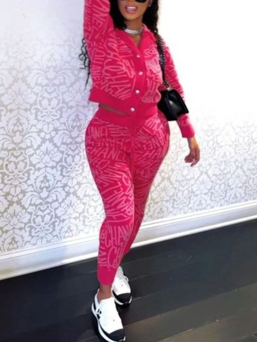 Hooded Collar Letter Print Pants Set Long Sleeve Crop Top Drawstring Trousers Two Piece for