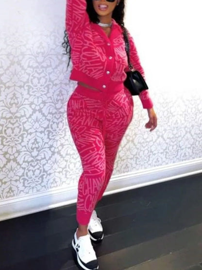 Hooded Collar Letter Print Pants Set Long Sleeve Crop Top Drawstring Trousers Two Piece for