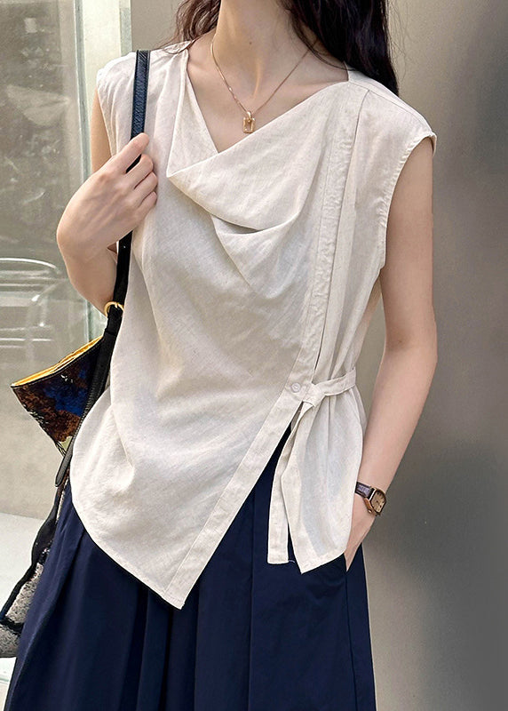 Beige Cotton Blouse Tops Turtle Neck Sleeveless Af1044