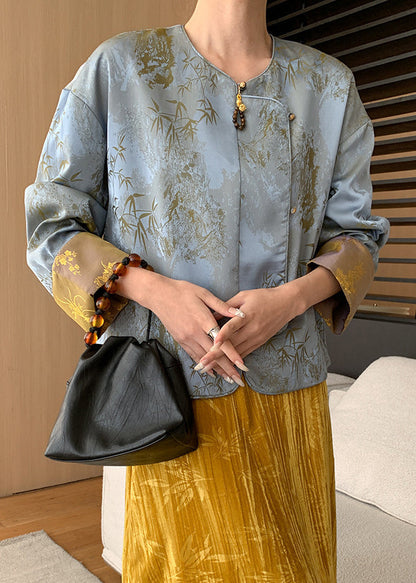 Loose Blue Button Print Silk Coats Long Sleeve Af1087