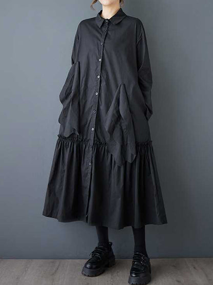 A-line Long Sleeves Buttoned Pleated Pockets Color Split-joint Lapel Midi Dresses