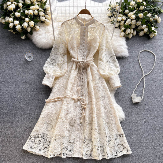 Apricot Cashew Flower Lace Embroidery Single Breasted Lantern Sleeve Midi Dress