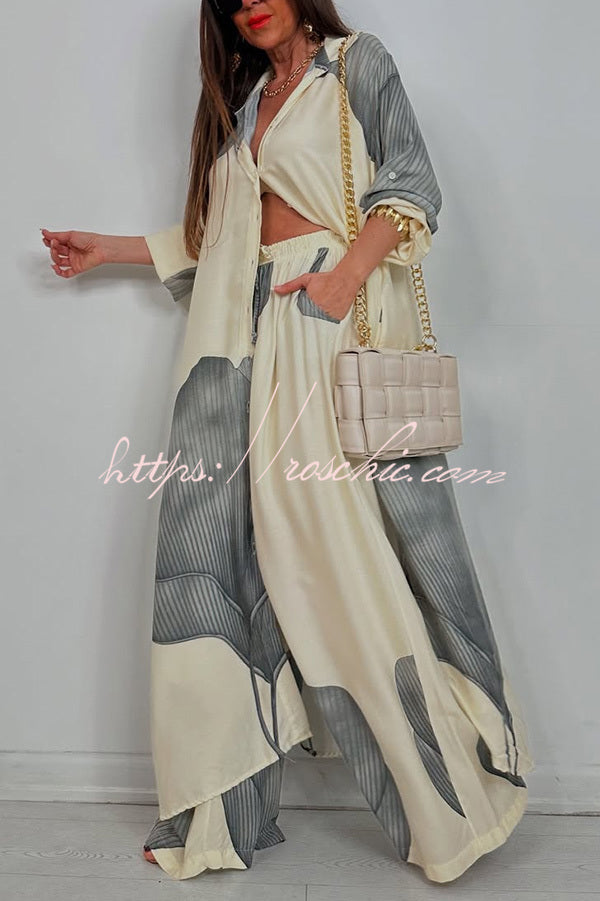 Unique Printed Loose Long Shirt and Elastic Waist Pocket Wide Leg Pants Set