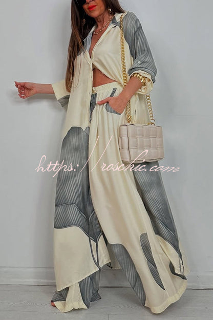 Unique Printed Loose Long Shirt and Elastic Waist Pocket Wide Leg Pants Set