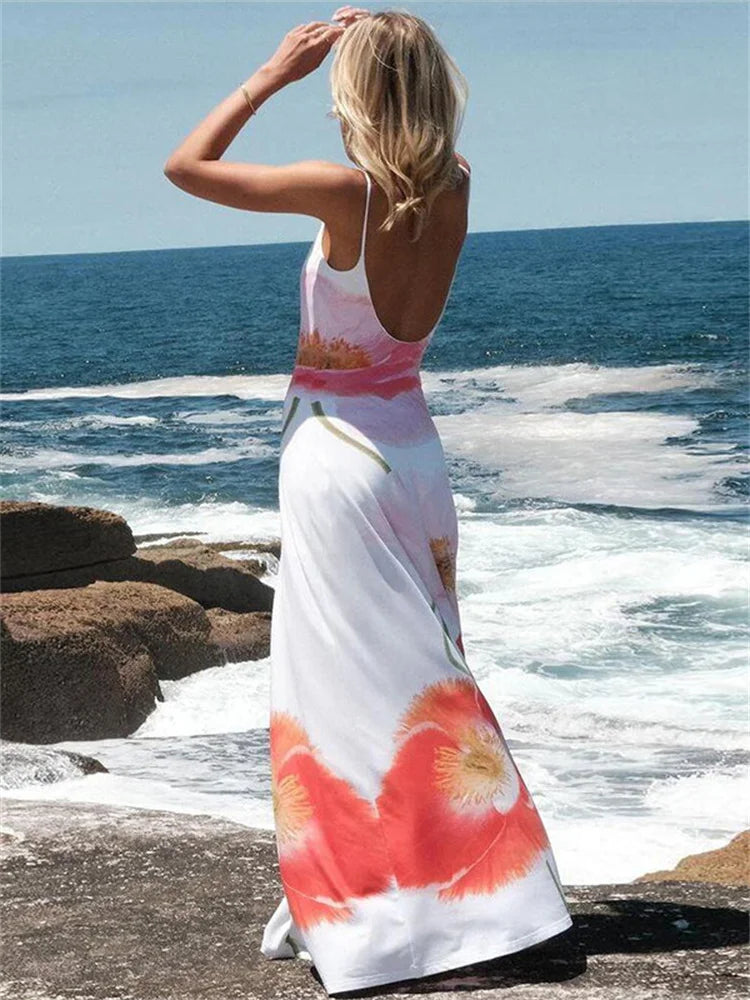 Printed Slim Halter Dresses for Backless Bandage Maxi Dress High Waist Summer New Party Dress