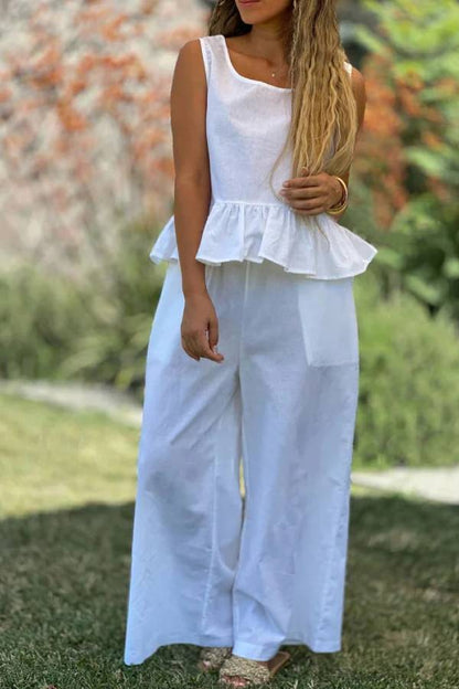 Cotton and Linen Color Sleeveless Top \u0026 Wide Leg Pants Two-piece Set