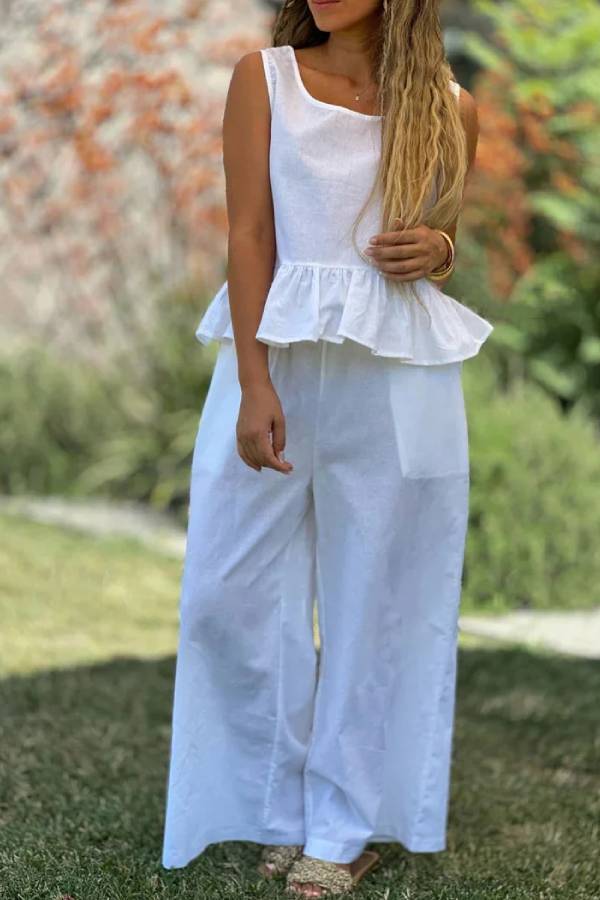 Cotton and Linen Color Sleeveless Top & Wide Leg Pants Two-piece Set
