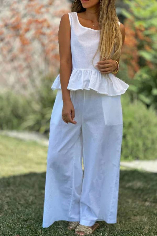 Cotton and Linen Color Sleeveless Top & Wide Leg Pants Two-piece Set