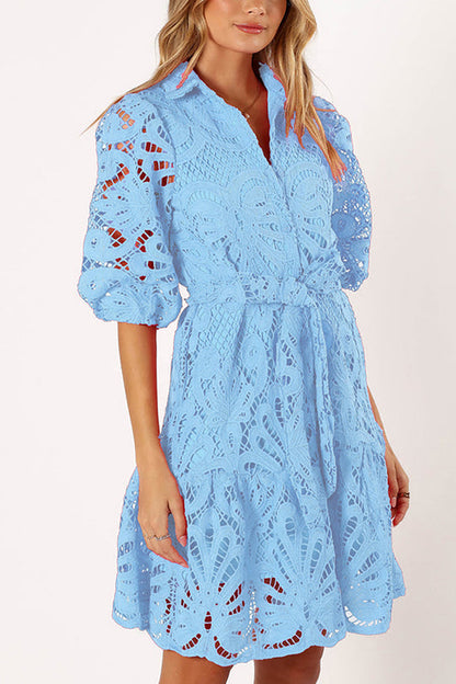 Color Lace Cutout Balloon Sleeves and Waist Tie Mini Dress