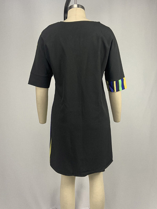 A-line Half Sleeves Asymmetric Contrast Color Striped Round-neck Mini Dresses