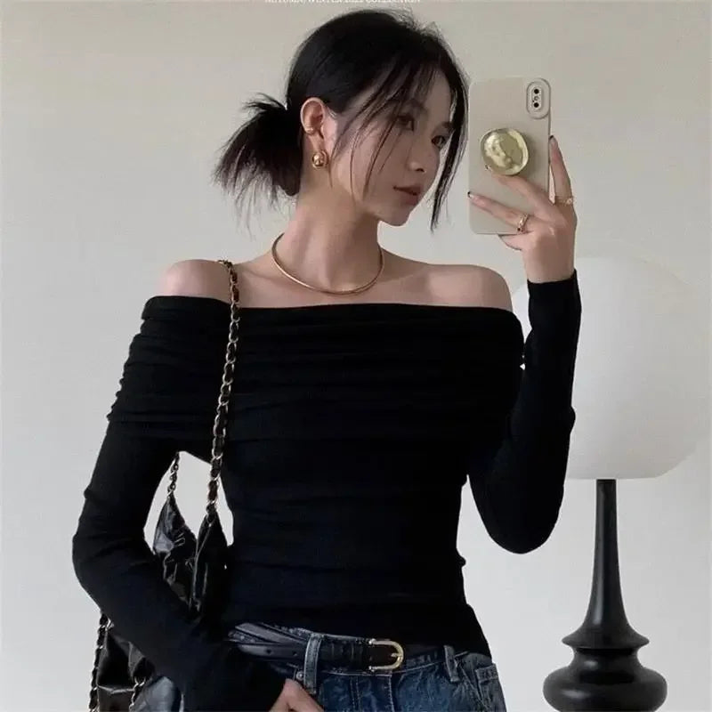 Off Shoulder T-shirts Long Sleeve Shirts Cropped Tops Clubwear Skew Collar Warm Pullovers