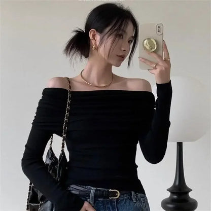Off Shoulder T-shirts Long Sleeve Shirts Cropped Tops Clubwear Skew Collar Warm Pullovers