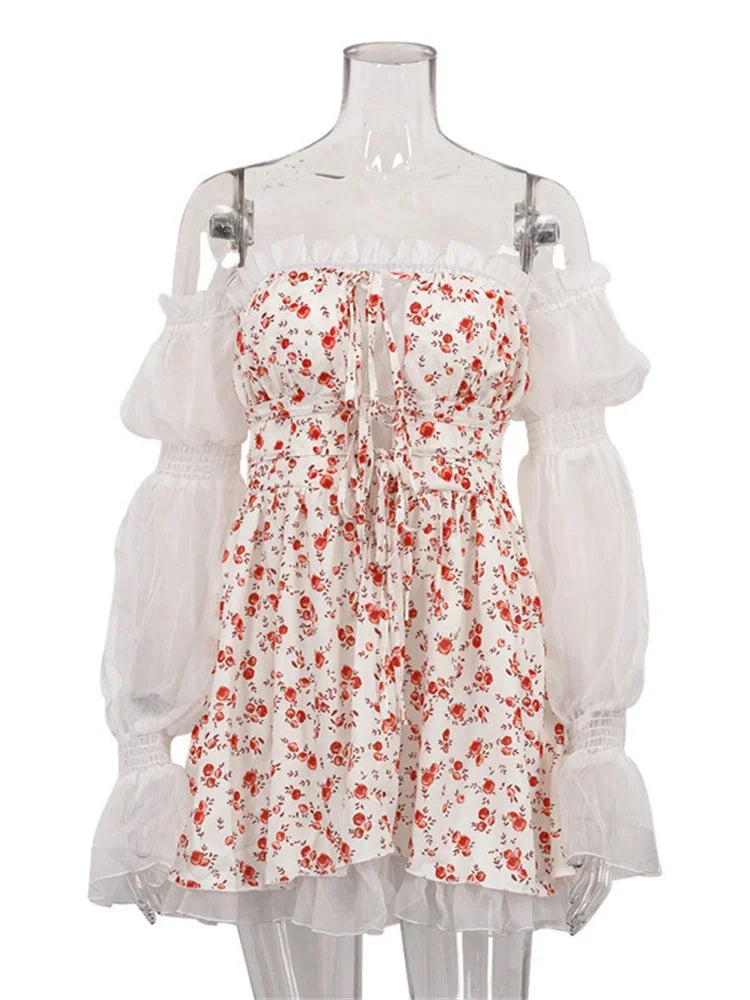 Printed Off-shoulder Mini Dress ’s Ruffled See-through Long Sleeve Bandage Patchwork Dress Female Clothes New