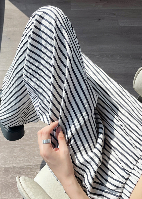 New White Striped Pockets High Waist Cotton Pants Summer Nn011