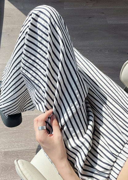 New White Striped Pockets High Waist Cotton Pants Summer Nn011