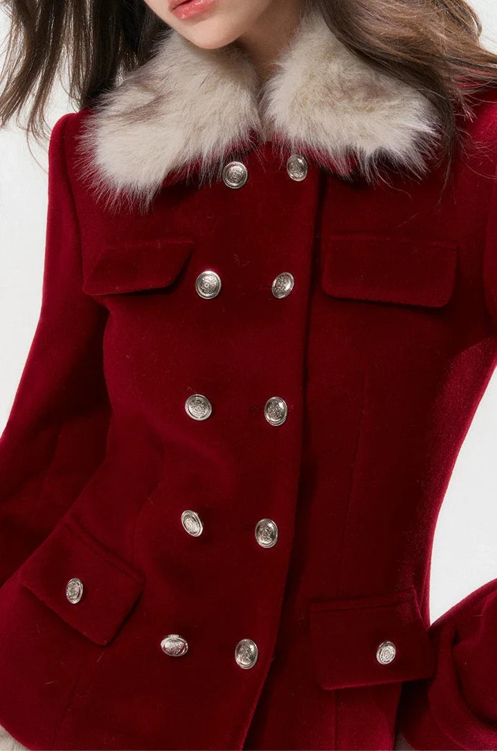 Red Double-breasted Coat and Mini Skirt Set